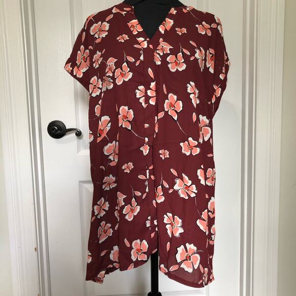 Alfani Women's Blouse Top Split Neck Short‎ Sleeve Floral Maroon Size XL NWT - Picture 3 of 8